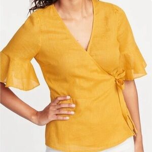 Women’s Mustard Yellow Wrap Blouse with Flutter Sleeves